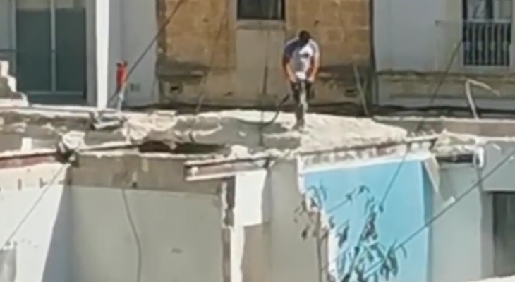 WATCH: Construction worker jackhammers roof he is standing on in Ta’ Xbiex