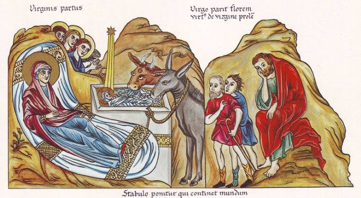 Nativity of Christ, medieval illustration from the Hortus deliciarum of Herrad of Landsberg (12th century)